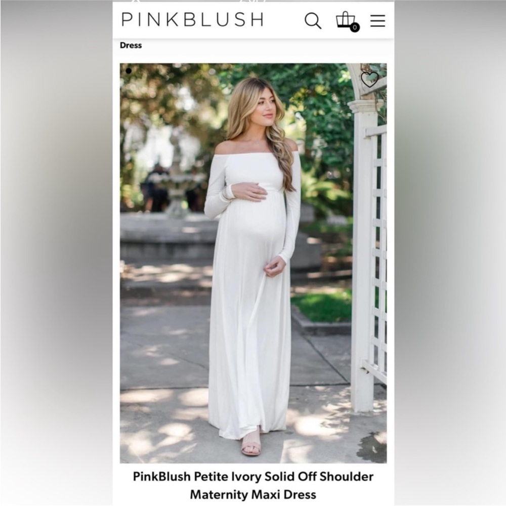 PinkBlush Petite Ivory Solid Off Shoulder
Maternity Maxi Dress. Size Small.